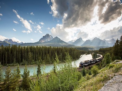 The Rocky Mountaineer train in the Canadian Rocky Mountains The Rocky Mountaineer train in the Canadian Rocky Mountains