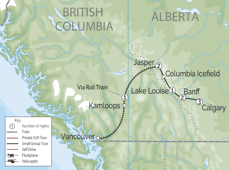 Calgary Stampede and the Canadian Rockies Train Tour map