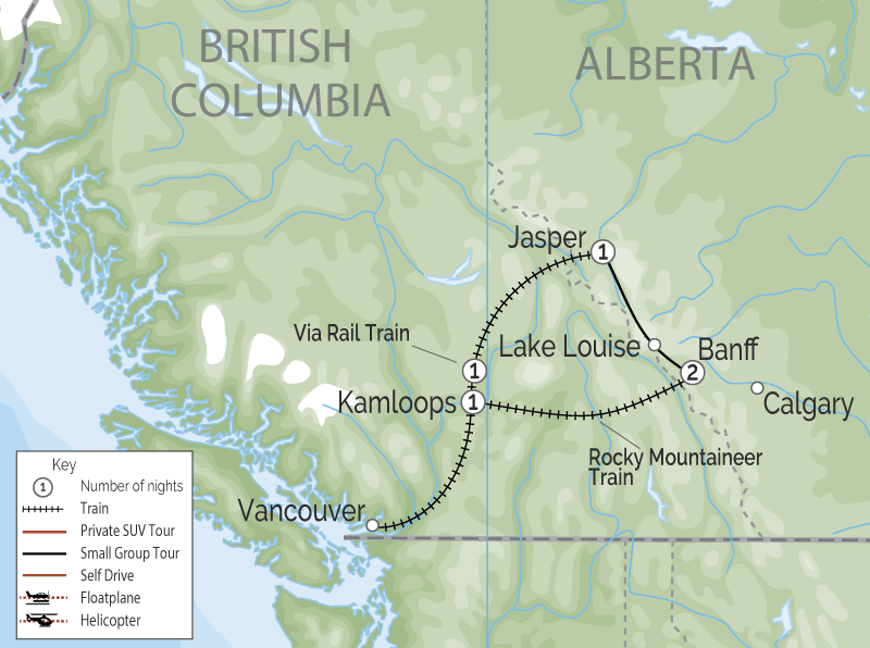 Canadian Rockies Train Trip Combo Circle| VIA Rail | Rocky Mountaineer map