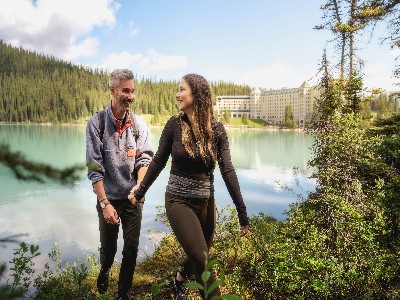 Hiking at Lake Louise A couple hiking outside the Fairmont Chateau Lake Louise, Alberta