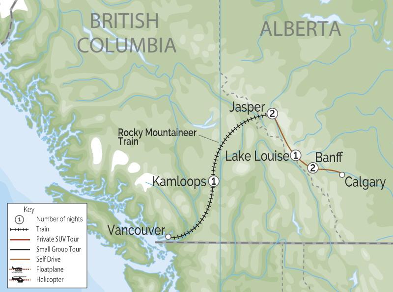 Journey through the Canadian Rockies Train & Drive Trip | Rocky Mountaineer map