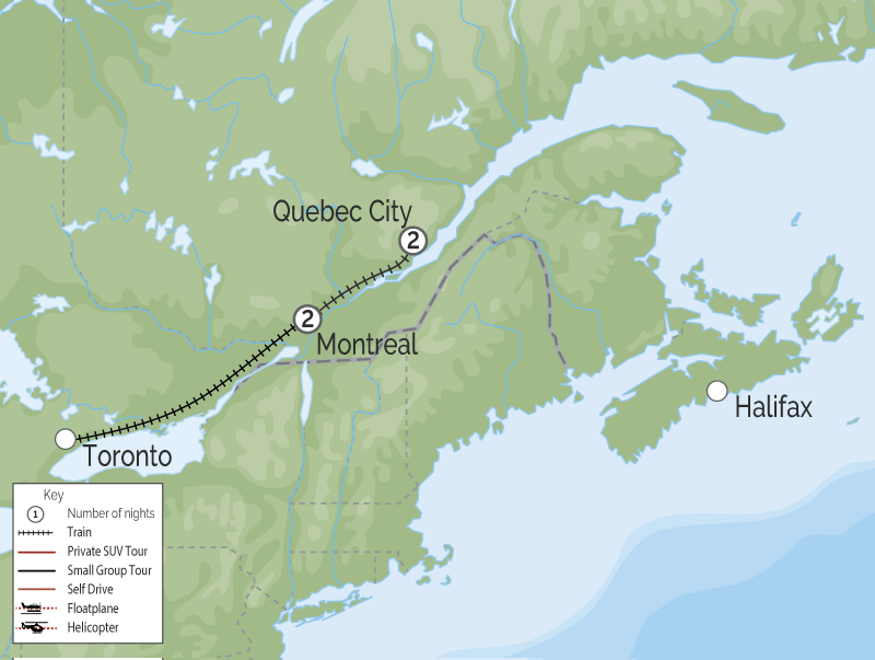 Montreal & Quebec Cities by Train | Splendors of Eastern Canada map